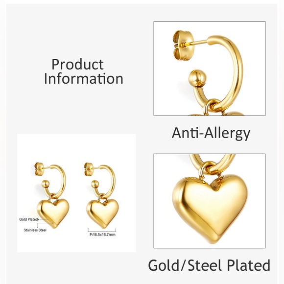 ◾️18k Gold Plated Heart Charm Dangle Earrings - Picture 4 of 6